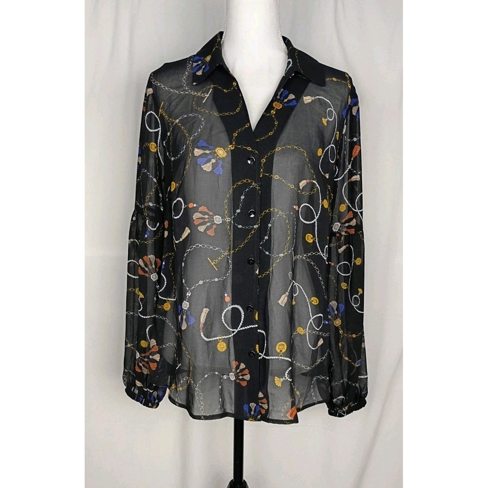 Cabi Victoria Balloon Sleeve Sheer Blouse Size M Black Tassle Chain Detail #3861